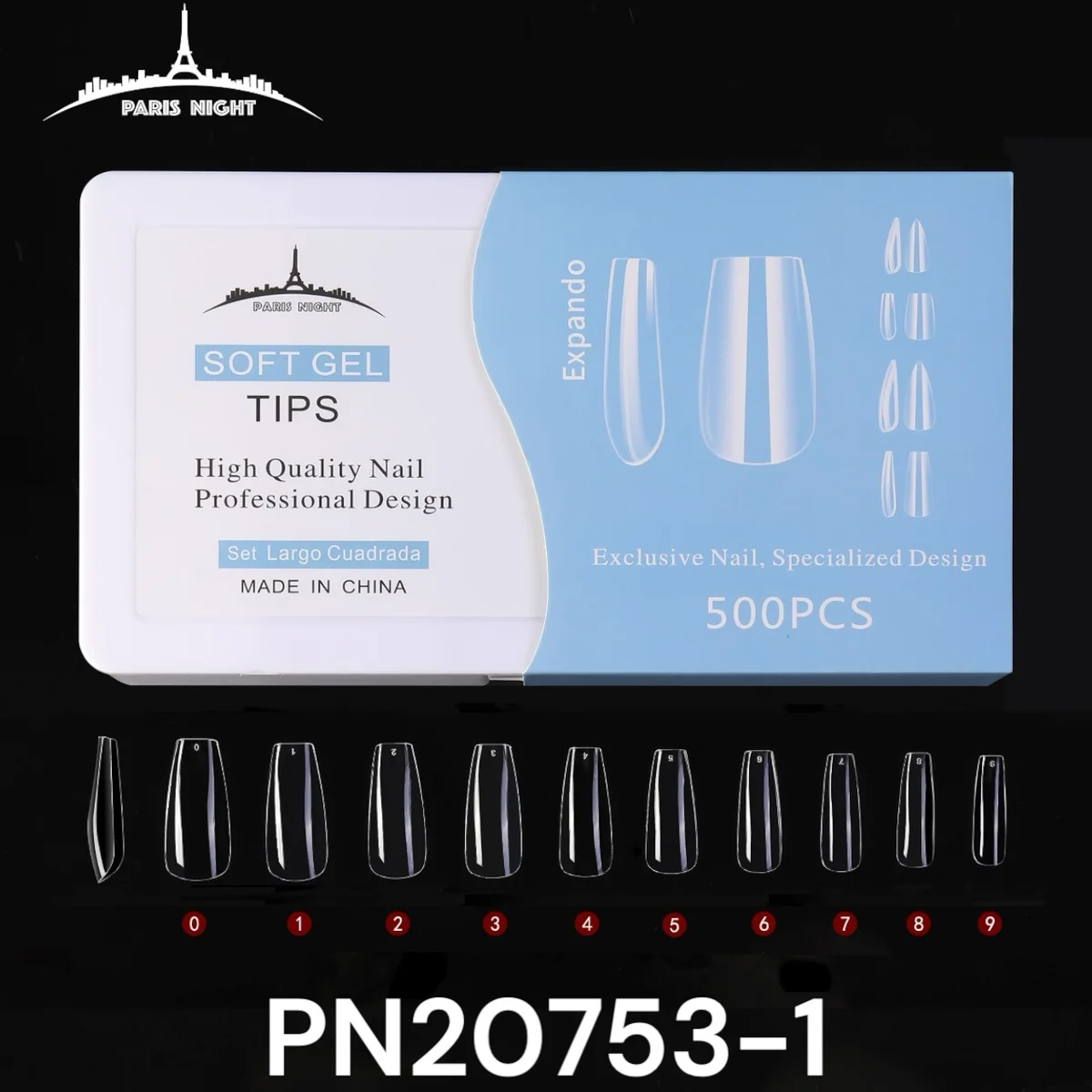 PARIS NIGHT TIPS SOFT GEL LARGO CUADRADA 500 PIEZAS